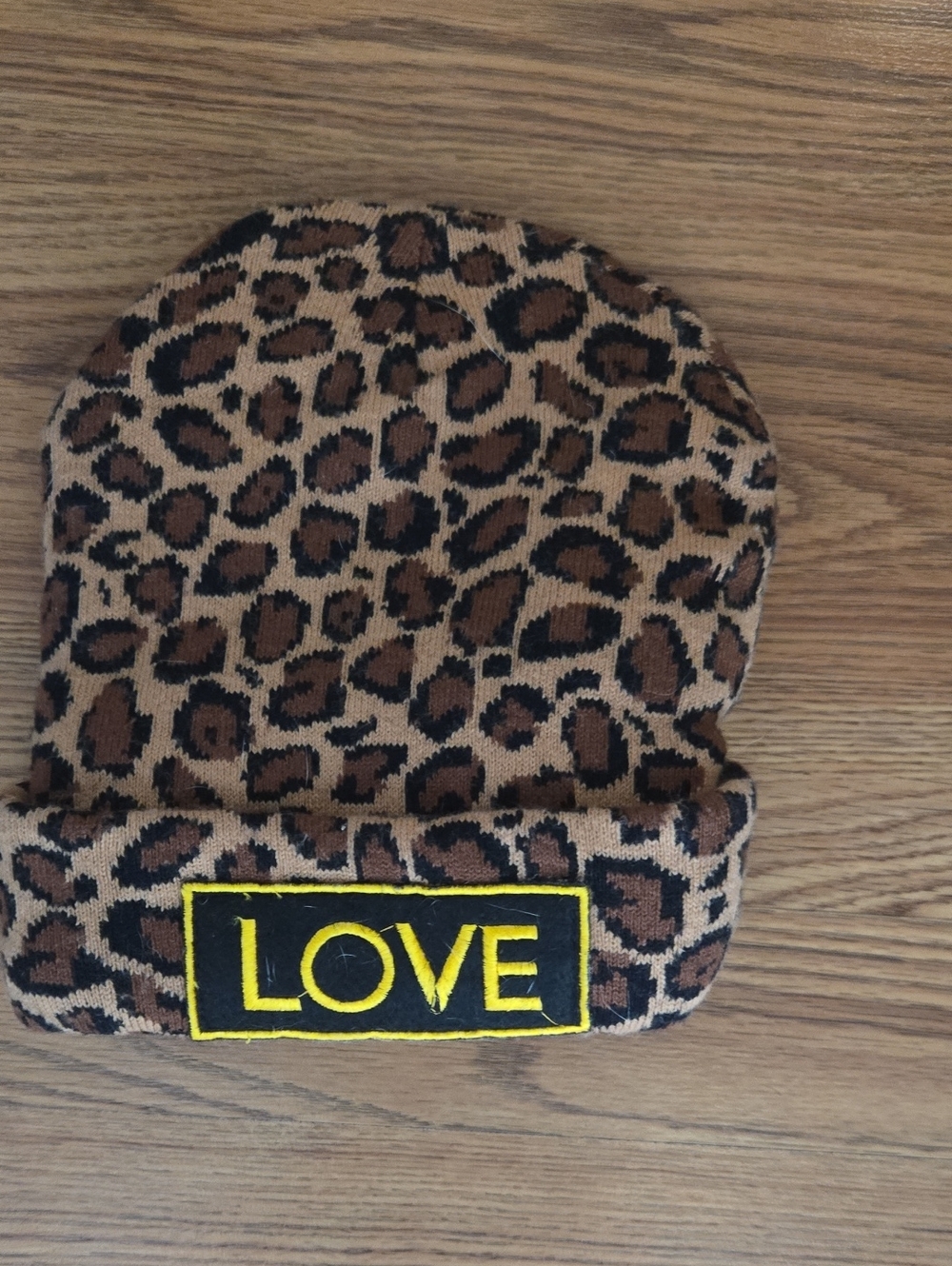 Leopard Print Beanie Hat with LOVE Patch - Brown